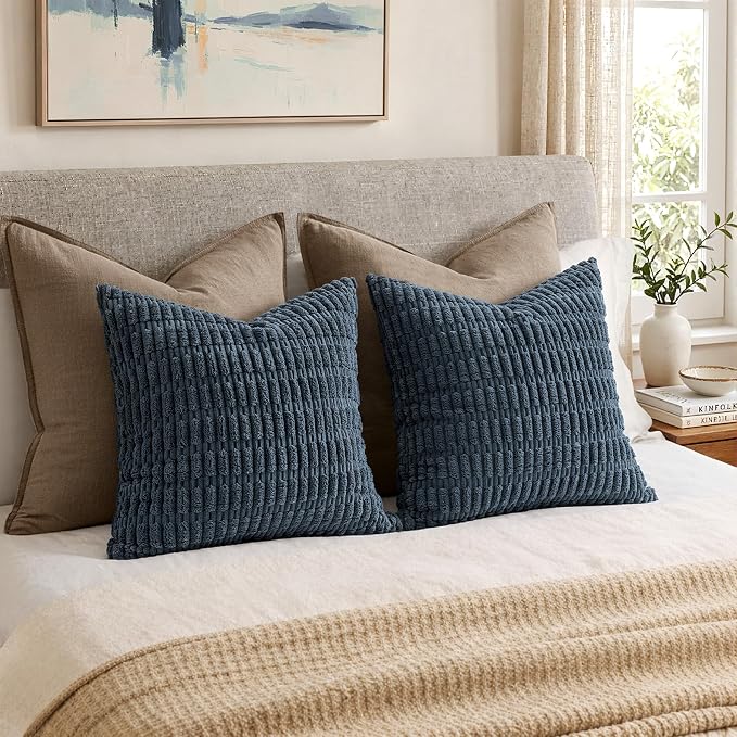MIULEE Corduroy Decorative Throw Pillow Covers 18x18 Blue Pack of 2 | Soft Boho - Image 5