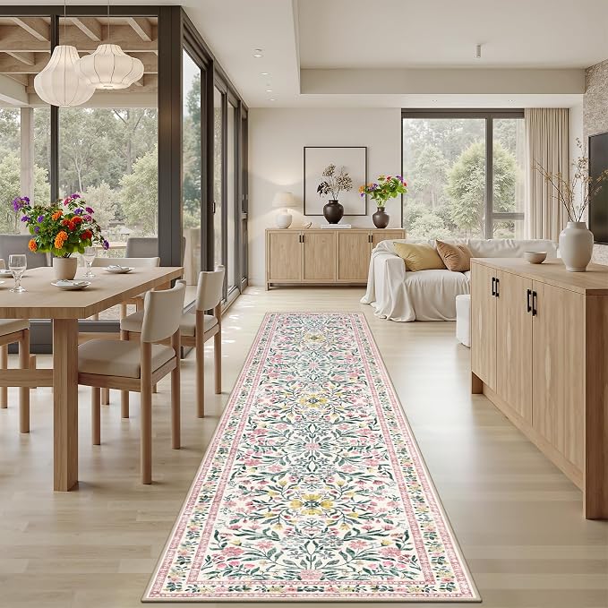 PLHXFR 3x10 Washable Runner Rug：Floral Indoor Kitchen Carpet Pink Green | - Image 4