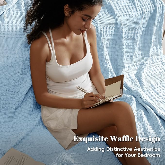 PHF 100% Cotton Waffle Weave Blanket Twin Size for Bed, Soft Lightweight & Breathable, All-Season Comfort, Luxury Aesthetic Woven Bedding for Home Decor, 66"x90", Baby Blue