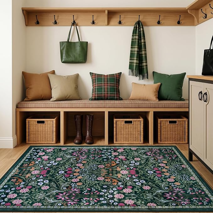 PLHXFR Area Rug Living Room: 3x5 Floral Washable Boho Carpet Dark Green | - Image 5