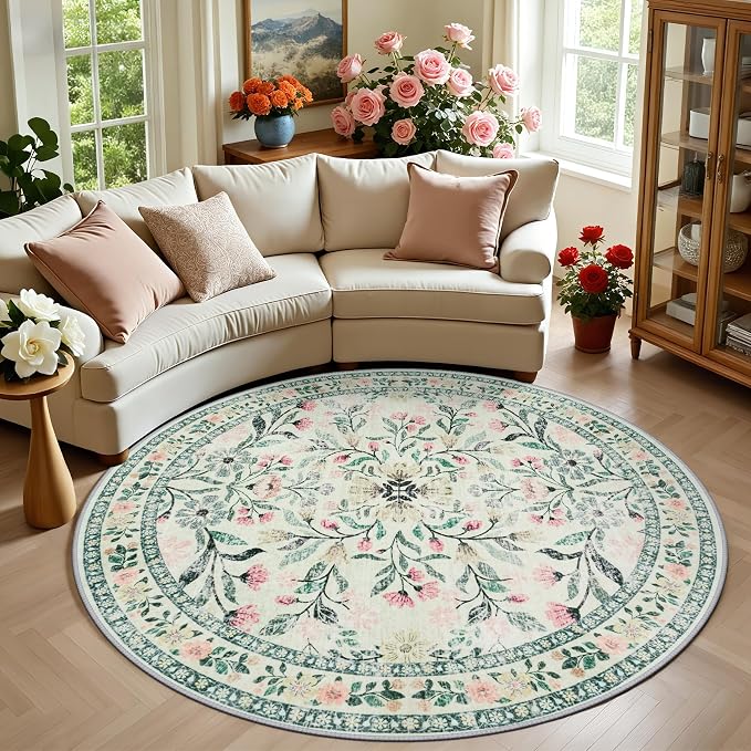 PLHXFR Round Area Rug Living Room: 6 ft Floral Washable Carpet Green Beige | by PLHXFRSoftAreaRugs