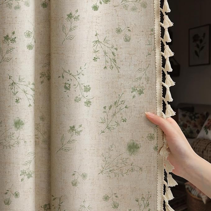 Boho Floral 100% Blackout Curtains 84 Inch 2 Panels Green | Farmhouse Vintage by Unknown