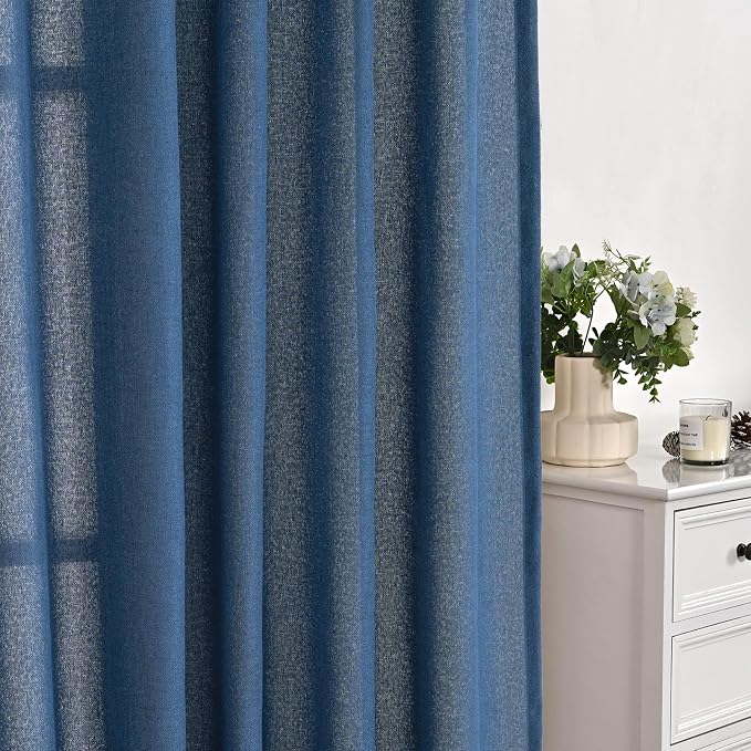 YoungsTex Navy Blue Linen Curtains 45 Inch Length, Short Light Filtering Semi - Image 7