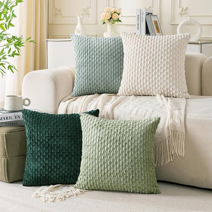Set of 4 Sage Forest Green Decorative Throw Pillow Covers 16x16 Inch Corduroy by Cozoomy