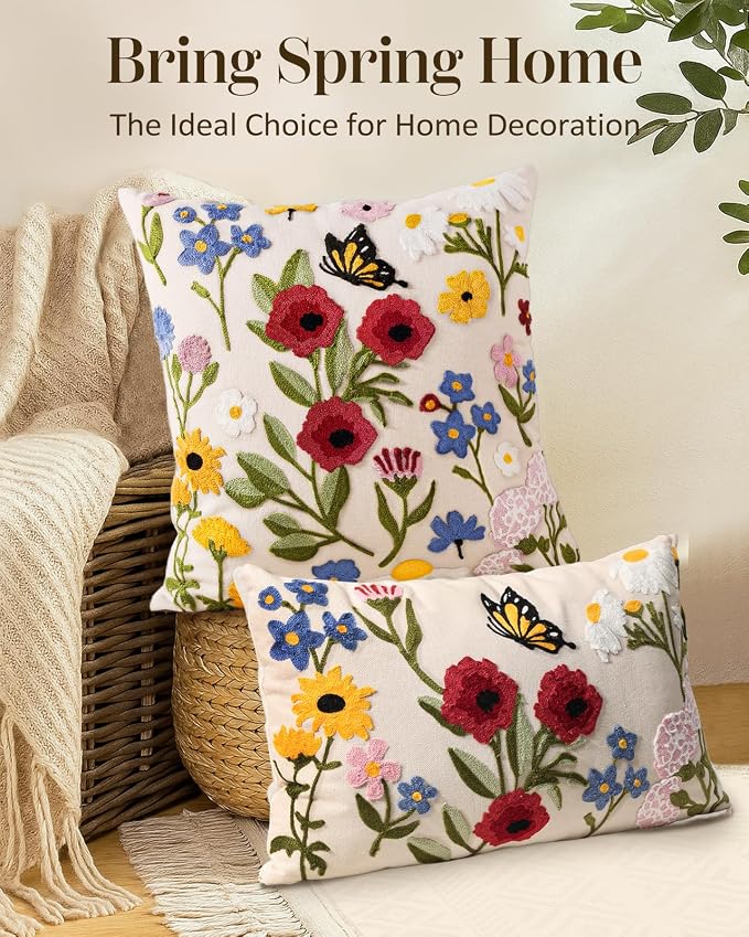 Embroidered Lumbar Pillow Cover 20x12 Inch, Retro Flower | Decorative Throw - Image 5