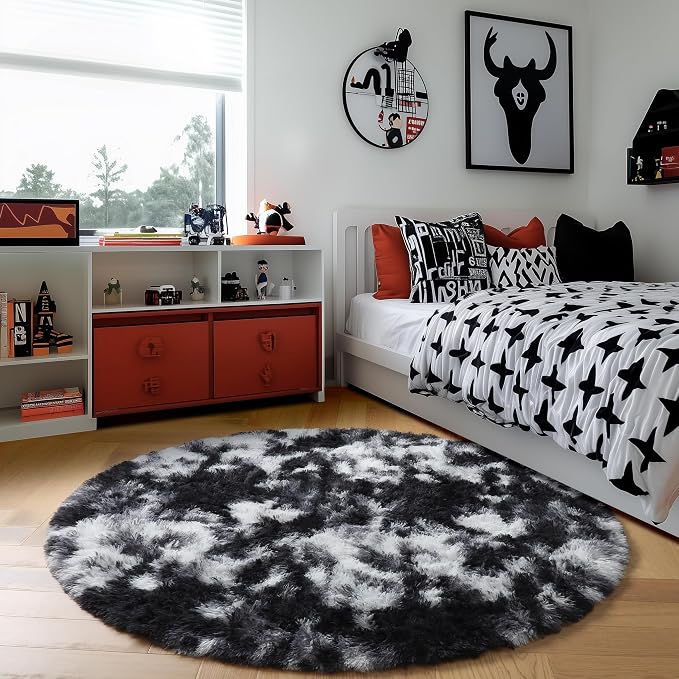 Amdrebio Black White Grey Round Circle Area Rug 4Ft - Image 3
