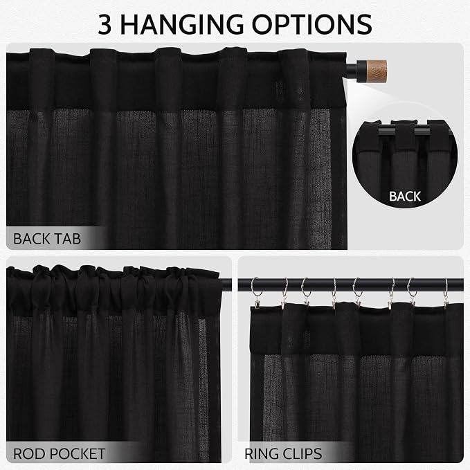 Vintage Black Linen Curtains 96 Inches Long - Image 2