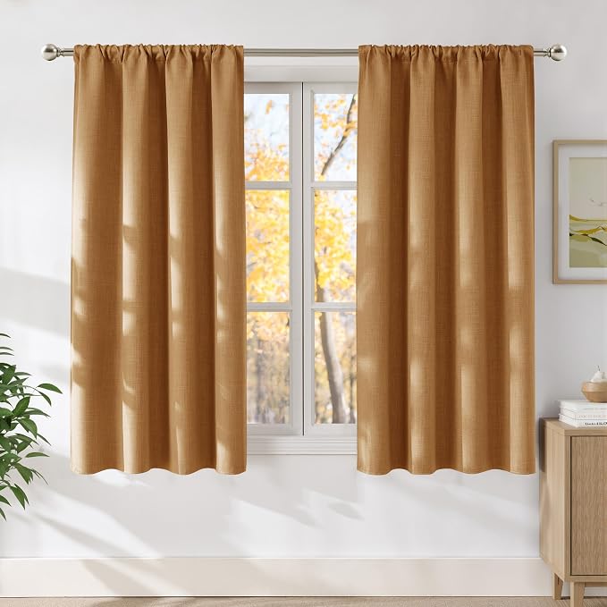 NICETOWN Gold Brown Faux Linen Room Darkening Rod Pocket Curtains 63 inch Length by NICETOWN