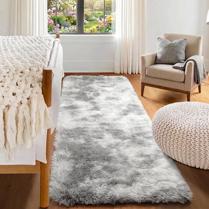 Runner Rugs for Bedroom Living Room, Fluffy Tie-Dye Light Grey 2x6 Area Rug | by ONASAR