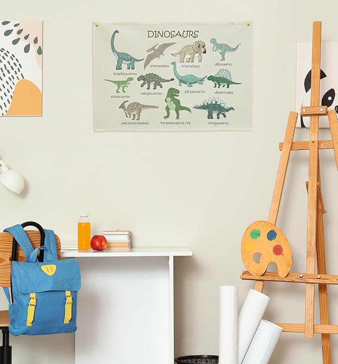 Dinosaurs Themed Rectangular Canvas Banner Flag Wall Sign Art Gift for Nursery Classroom Above Crib Bedroom Playroom Reading Room Wall Decor Baby Shower Kids Teen Birthday Christmas Gift