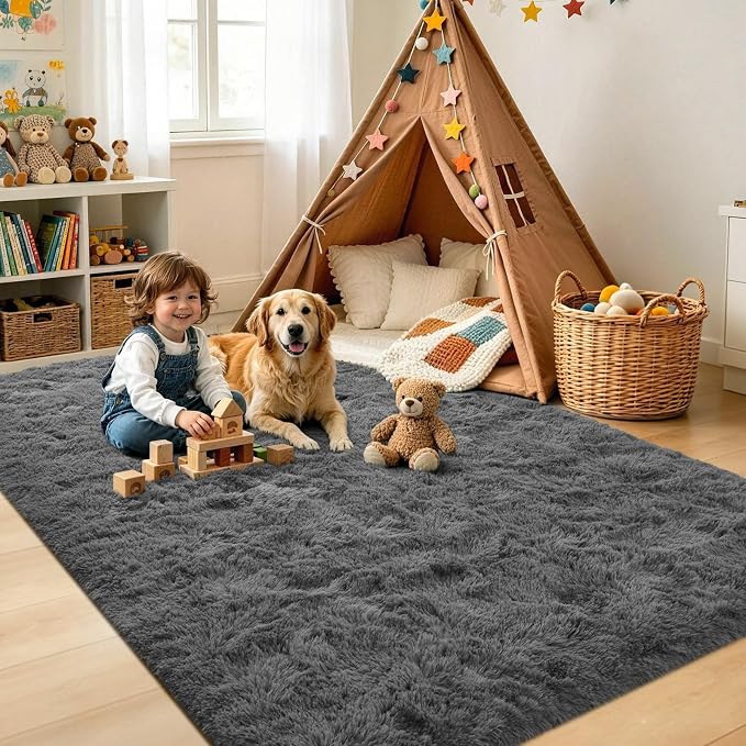 6x9 Large Dark Grey Fluffy Soft Area Rug Non-Slip - Image 4