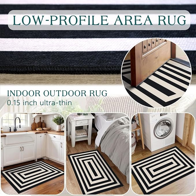Front Door Mat Indoor Outside Entrance, 2x3 Modern Black White Rug | Non-Slip - Image 7