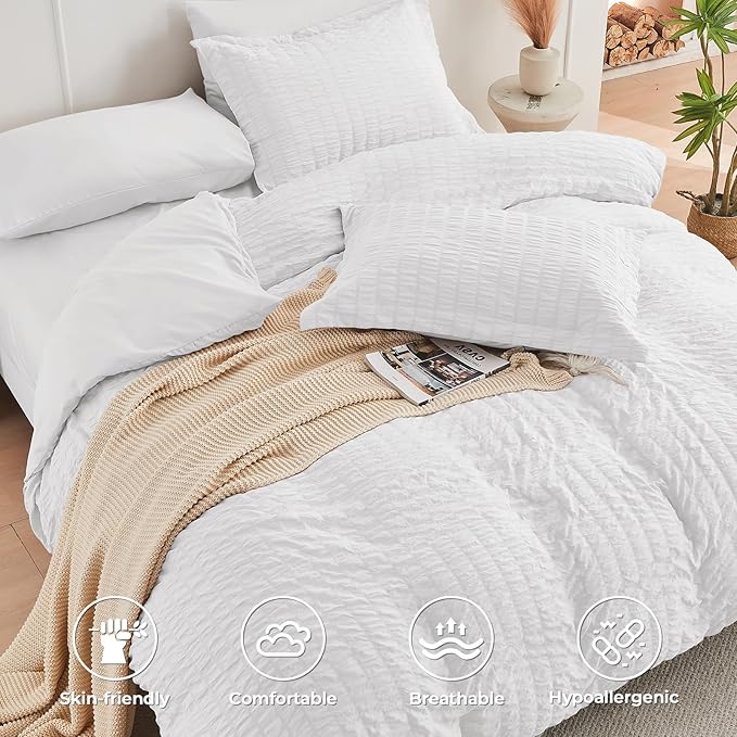 HYMOKEGE White Queen Comforter Set Seersucker 7 Pieces, All Season Luxury Bed in a Bag for Bedroom, Bedding Set with Comforters, Sheets, Pillowcases & Shams