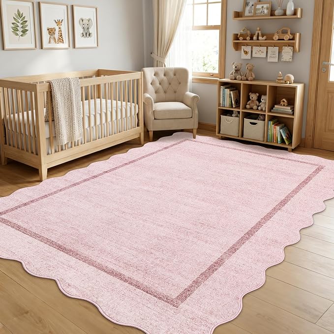 GarveeHome Scalloped Washable Area Rug 4x6 Small Entryway Rug Non Slip Pink | by GarveeHome