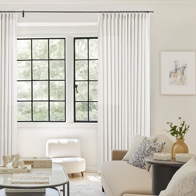 Beige White Pinch Pleated Linen Curtains 94 Inches Long 2 Panels | Memory - Image 9