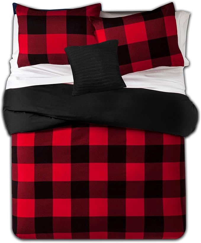7 Piece Comforter Set Bag Solid Color All Season Soft Down Alternative Blanket & Luxurious Microfiber Bed Sheets, King, Buffalo Plaid Burgundy/Black