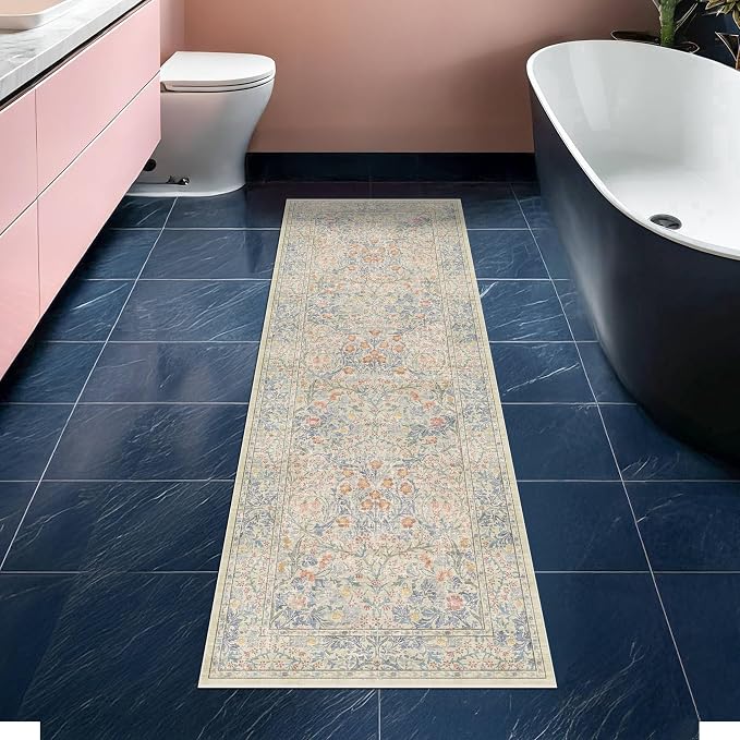 Non Slip Beige Blue Hallway Runner Rug - Image 8