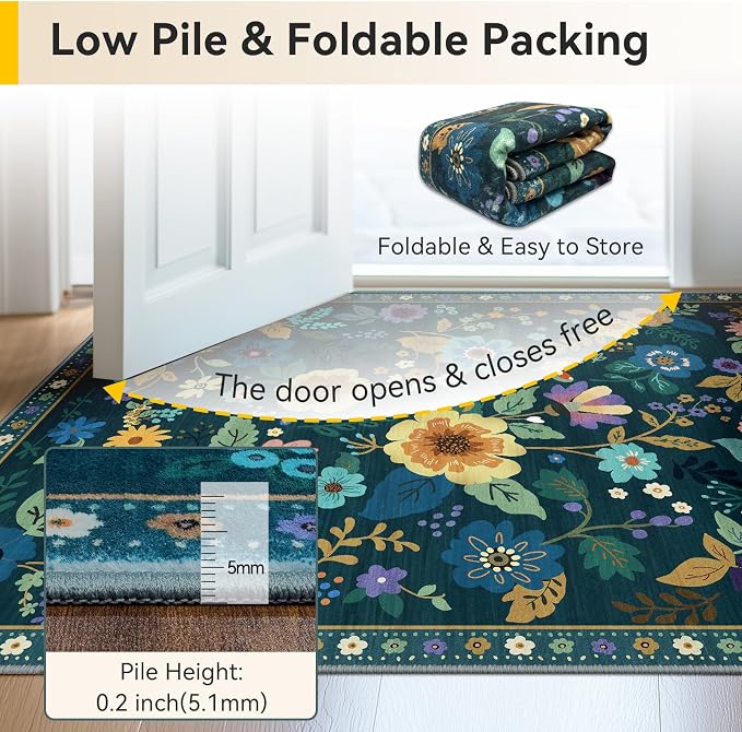 RELEANY Floral Washable 6x9 Area Rugs Teal/Purple | Flower Carpet Print Boho - Image 3