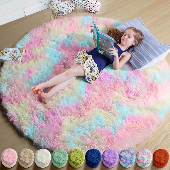 Amdrebio Rainbow Unicorn Pastel Small Round Rug 3Ft by Amdrebio