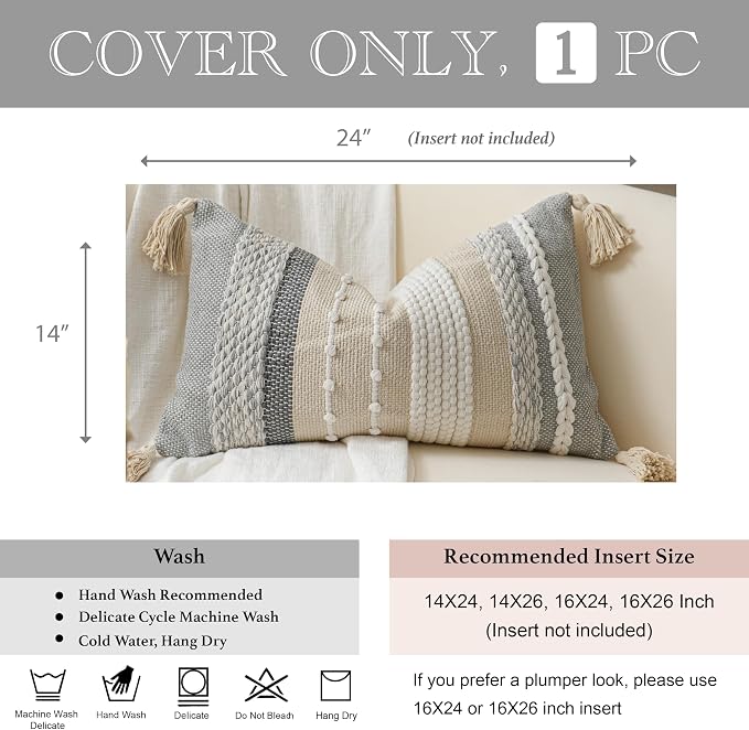 Decorative Lumbar Throw Pillow Cover 14x24 Boho Gray Accent Cushion - Image 4