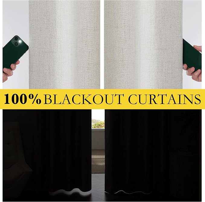 NICETOWN 100% Blackout Linen Curtains 102 inches Long 2 Panels, Thermal - Image 3