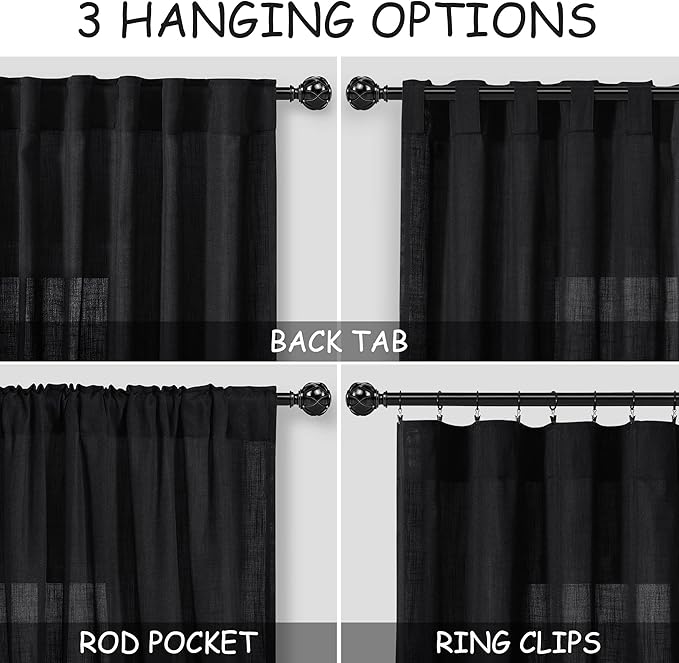 Black Linen Sheer Curtains 54 Inch Length 2 Panel Set Back Tab Pocket Semi - Image 3