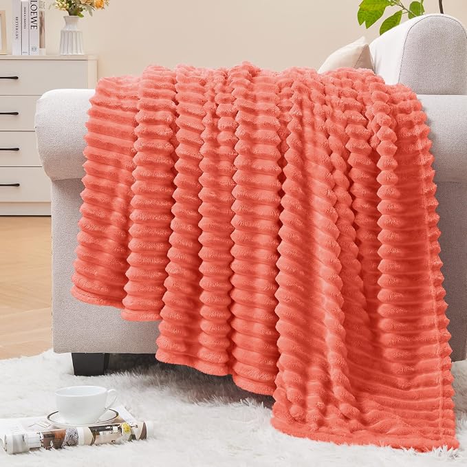 BEDELITE Ribbed Jacquard Coral Red Fleece Twin Blanket by BEDELITE
