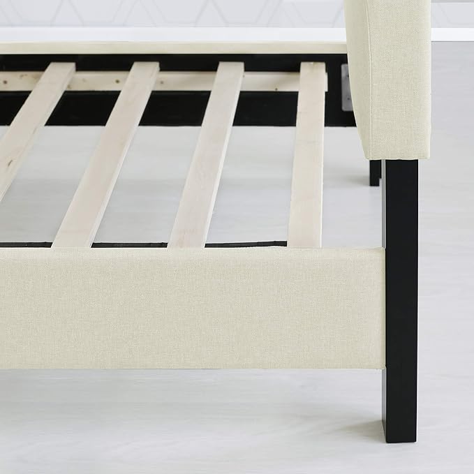 Furinno Laval Double Row Nail Head Upholstered Platform Bed Frame, King, Linen