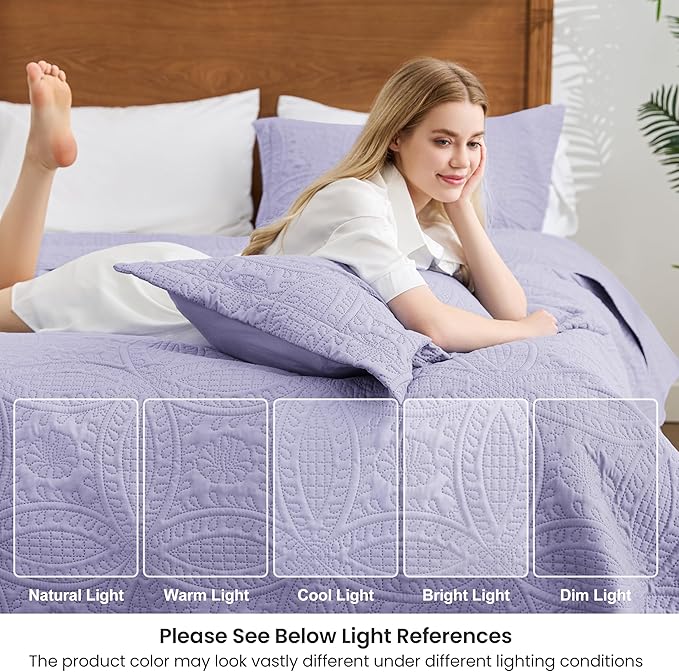 Love's cabin King Size Quilt Bedding Set Lavender Bedspreads - Bed Lightweight Bedspread Comforter - Coin Pattern Bedding Coverlet for All Season - 3 Pieces (1 Quilt, 2 Pillow Shams)