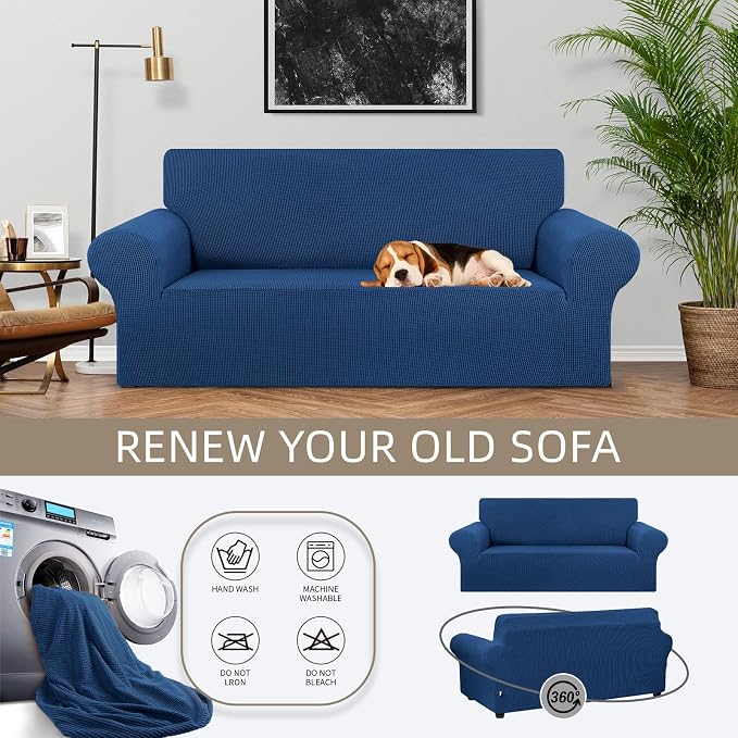 Stretch Loveseat Couch Cover, 2 Cushion Couch Slipcover, Classic Blue | 1-Piece - Image 3