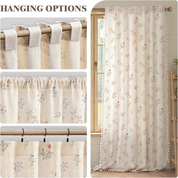 Boho Floral Light Filtering Curtains 72 Inch 2 Panels Linen Texture | Farmhouse - Image 5