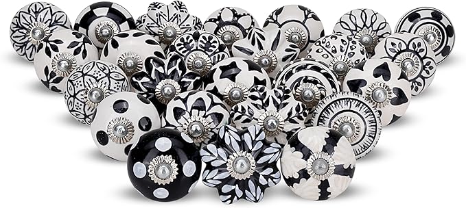 Cabinet Knobs Assorted knobs for cabinets and Drawers Black & White Cupboard Wardrobe Furniture Door Pull Handles for Dresser Kitchen Wardrobes Boho Home Interior Decor -Pack of 6