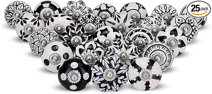 Black & White Cabinet Knobs Ceramic Assorted knobs for Drawers Cupboard and Wardrobe Furniture Door Pull Handles for Dresser Kitchen Wardrobes Boho Home Interior Decor - Pack of 25