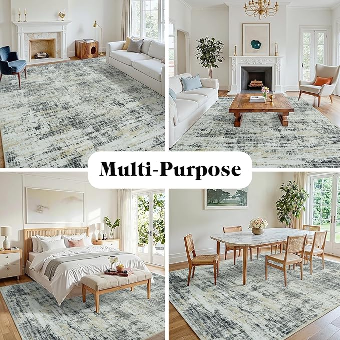 9x12 Washable Area Rug for Living Room Bedroom: Non-Slip Modern Black Gray | - Image 3