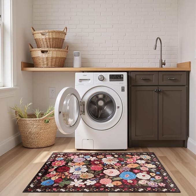 Black Brown Floral Hallway Runner Rug 2x4 - Image 4