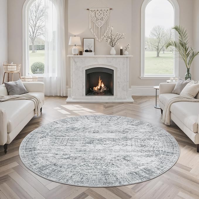 Soalmost 5x5 Grey Round Rug 6ft Circle Living Room Area Rugs Non-Slip | - Image 8