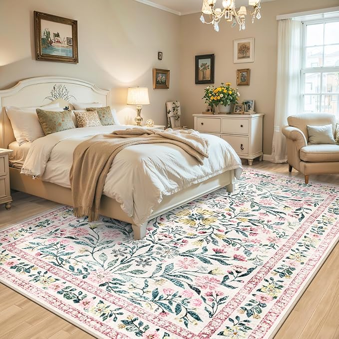 PLHXFR 6x9 Area Rug Living Room: Floral Washable Boho Carpet Pink Green | - Image 3