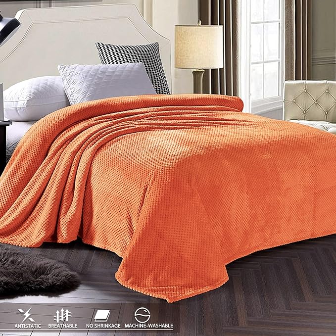 Exclusivo Mezcla Soft Waffle Fleece Bed Blanket Queen Size, Burnt Orange | - Image 3
