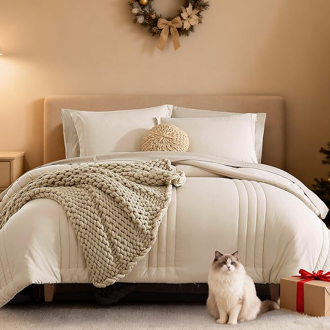 Monbix Twin XL Size Comforter Set - Extra Long 5 Pieces Dorm Bedding Sets, Quilting Design Fluffy Bed in a Bag Twin XL with Sheets, Pillowcase & Sham(Apricot Beige)