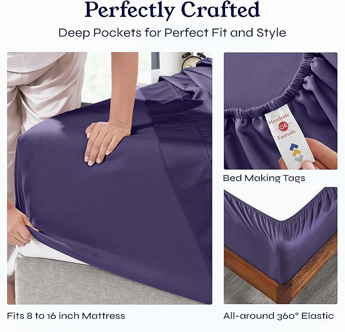 California Design Den Full Size Bed Sheets Set - Soft 400 Thread Count Sateen, Natural 100% Cotton Sheets with Deep Pockets, Breathable, Cooling and Durable Bedding Set - Purple