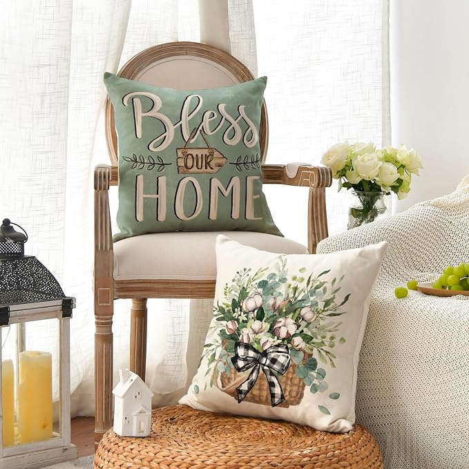 AVOIN colorlife Bless Our Home Farmhouse Eucalyptus Leaves Throw Pillow Covers - Image 3