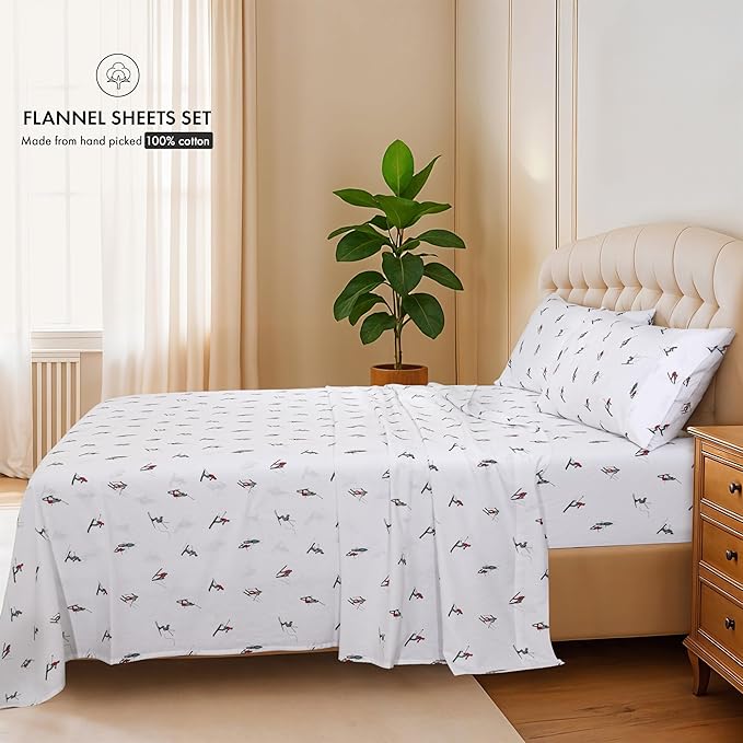 RUVANTI Flannel Sheets Queen Size - 100% Cotton Double Brushed Bed Sheets, Deep Pockets 16 Inches Queen Sheet Set, All Seasons Breathable & Extra Soft - Warm & Cozy, 4 Piece, Flurry Friends