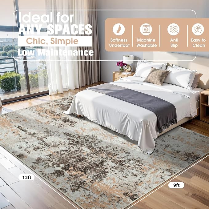 9x12 Area Rugs for Living Room Washable Bedroom Dining Room Brown Beige | - Image 2