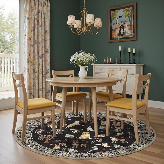 Black 4Ft Round Dogs Area Rug for Living Room Bedroom | Stain Resistant; Non - Image 4