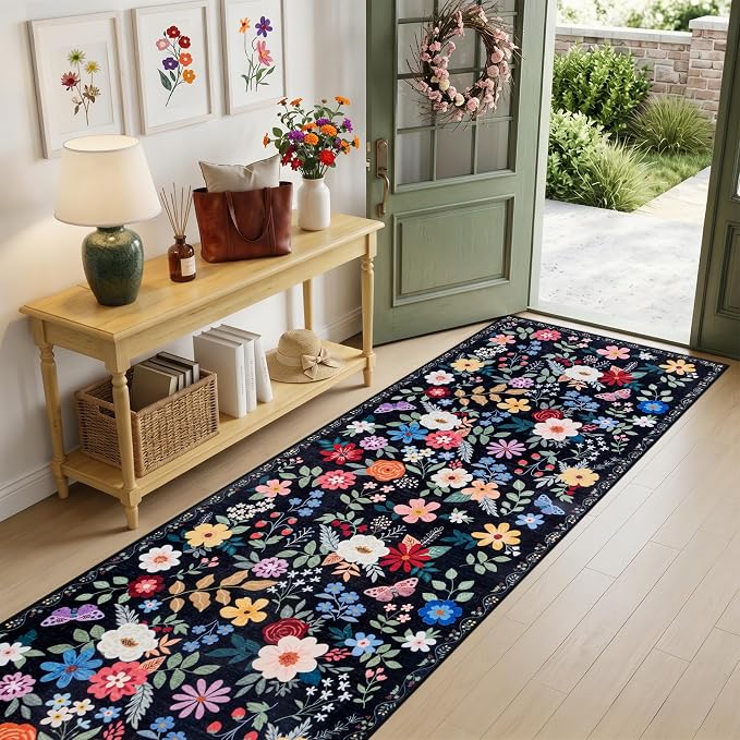 PLHXFR 2.6x10 Washable Runner Rug：Floral Indoor Kitchen Soft Carpet Black | - Image 2