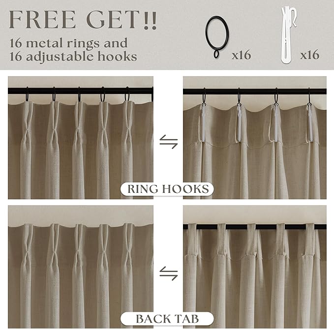 Extra Long Pinch Pleated Linen 108 Inch Curtains Tan Brown 2 Panels Set | Grey - Image 5