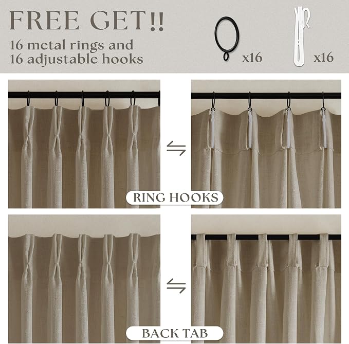 Greige 80 Inches Long Pinch Pleat Light Filtering Linen Window Curtains | Linen - Image 5