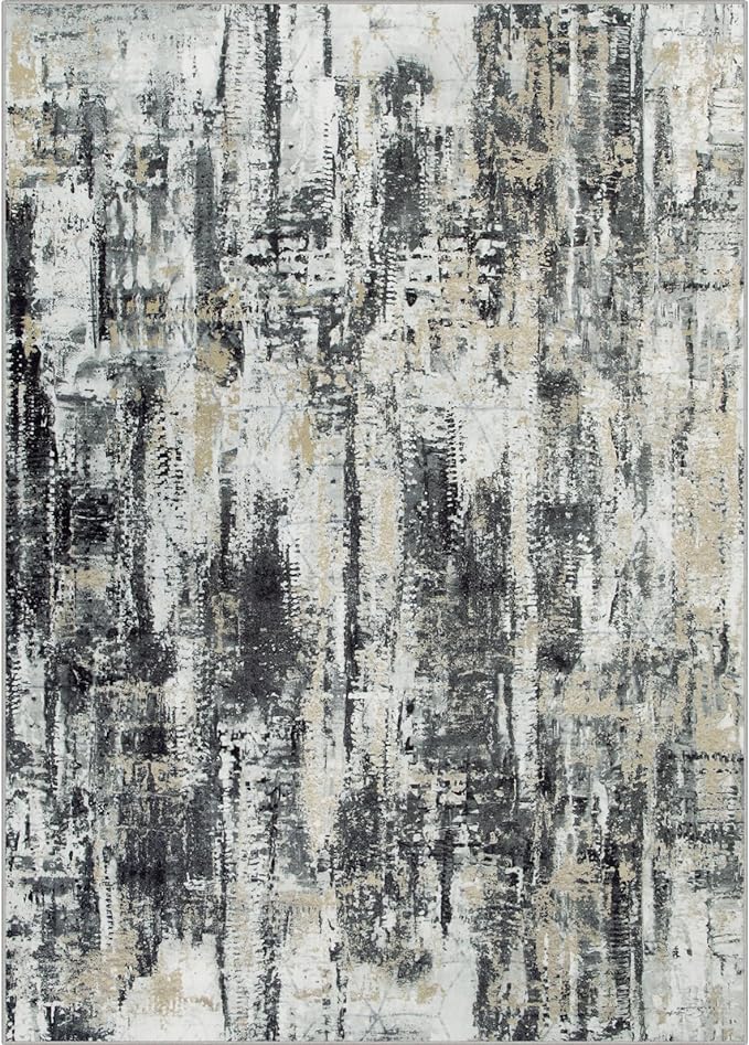 9x12 Area Rugs for Living Room: Washable Abstract Black Grey Gold Carpet | - Image 3