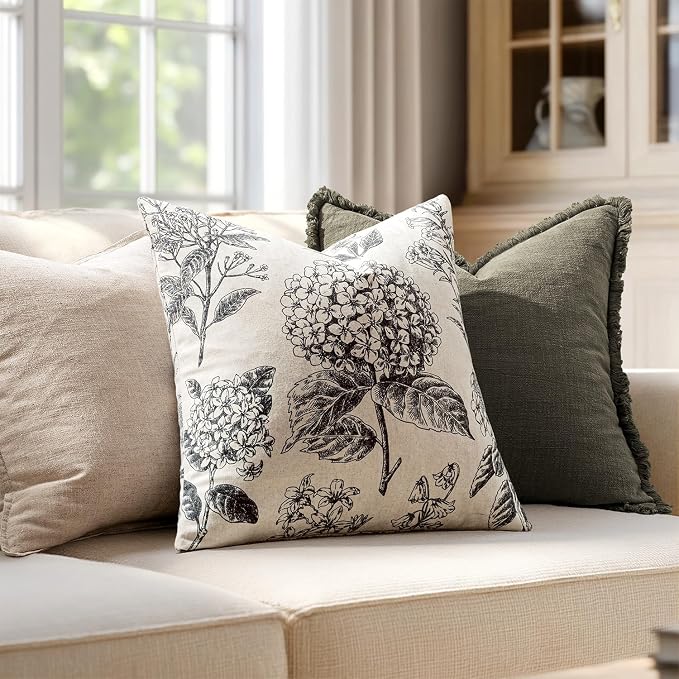 Set of 2 Decorative Floral Pillow Covers 22x22 Inch Black | Neutral Hydrangea - Image 3