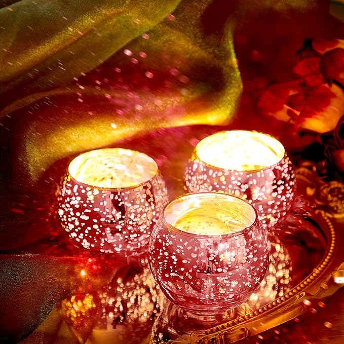 Rtteri 24 Set Votive Candle Holders Wedding Centerpiece Table Decorations Speckled Mercury Glass Votive Candle Holders with Tea Lights Birthday Party Decorations for Home (Pink)